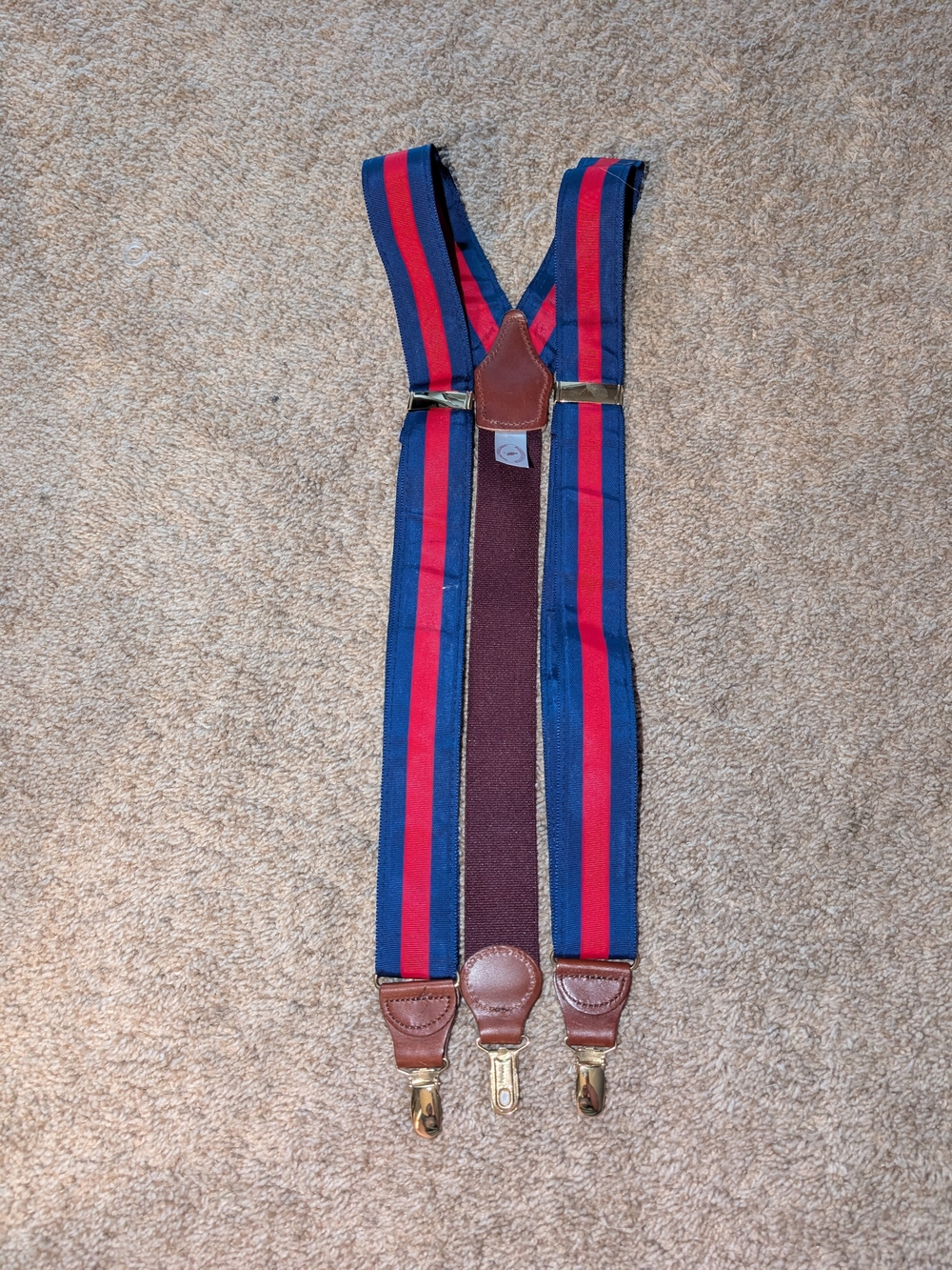 VTG Barrons-Hunter Suspenders Braces Striped Red Navy Grosgrain Ribbon USA Made